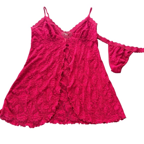 Hanky Panky Fuchsia Red Babydoll Chemise Set Thong Panty Medium Stretch Lace - Picture 1 of 6